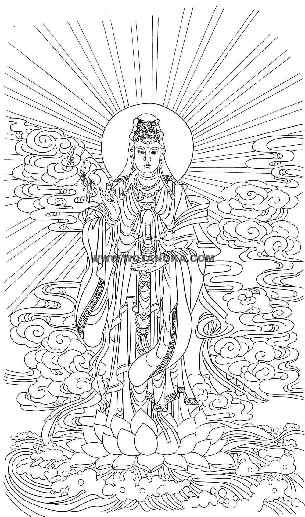 沃唐卡-唐卡白描线稿编号RD59915:杨柳枝观音