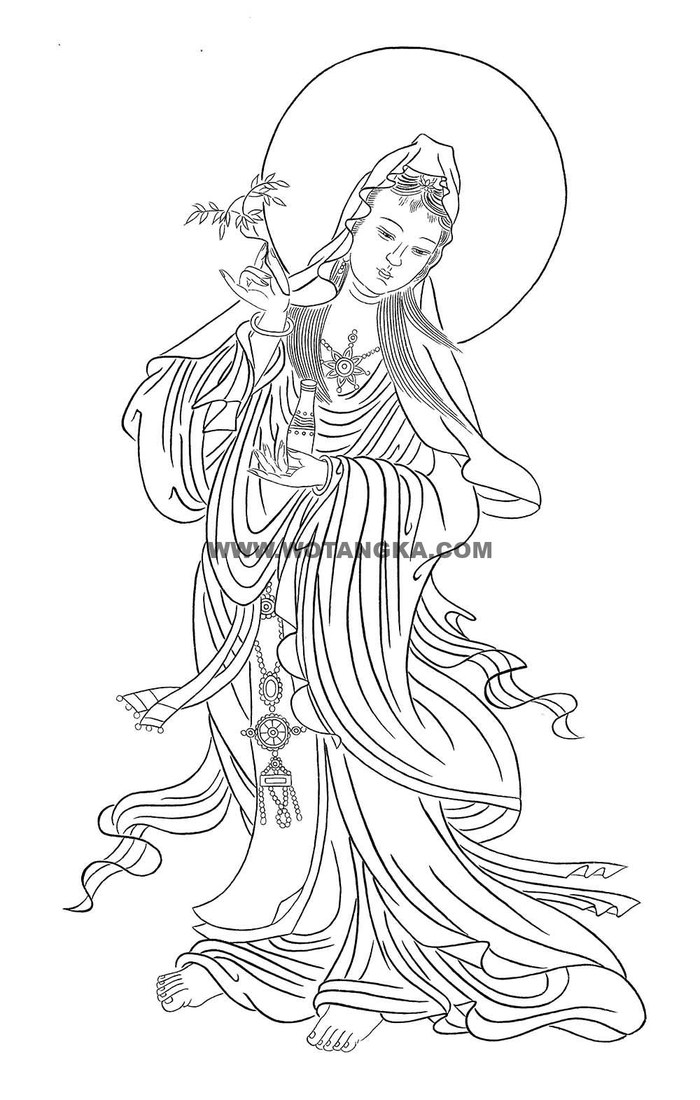 沃唐卡-唐卡白描线稿编号RD74085：杨柳枝观音