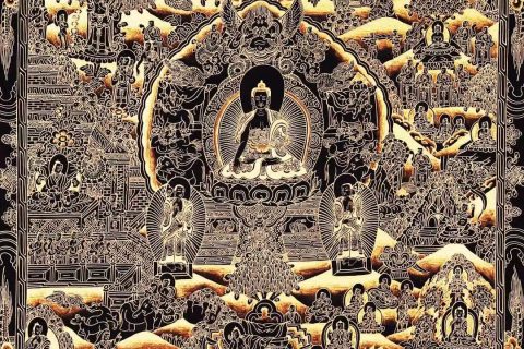 编号138-114127：黑金唐卡-释迦牟尼佛成道图（75*53CM左右）