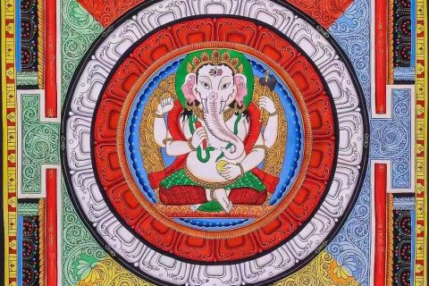 编号138-230153：彩绘唐卡-象鼻财神坛城（48*48CM左右）