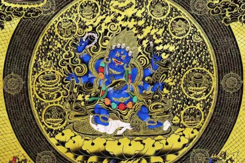 编号138-307513：黑金唐卡-黑六臂玛哈嘎拉（70*70CM左右）