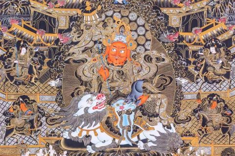 编号138-325074：黑金唐卡-财宝天王·八马财神（100*73CM左右）