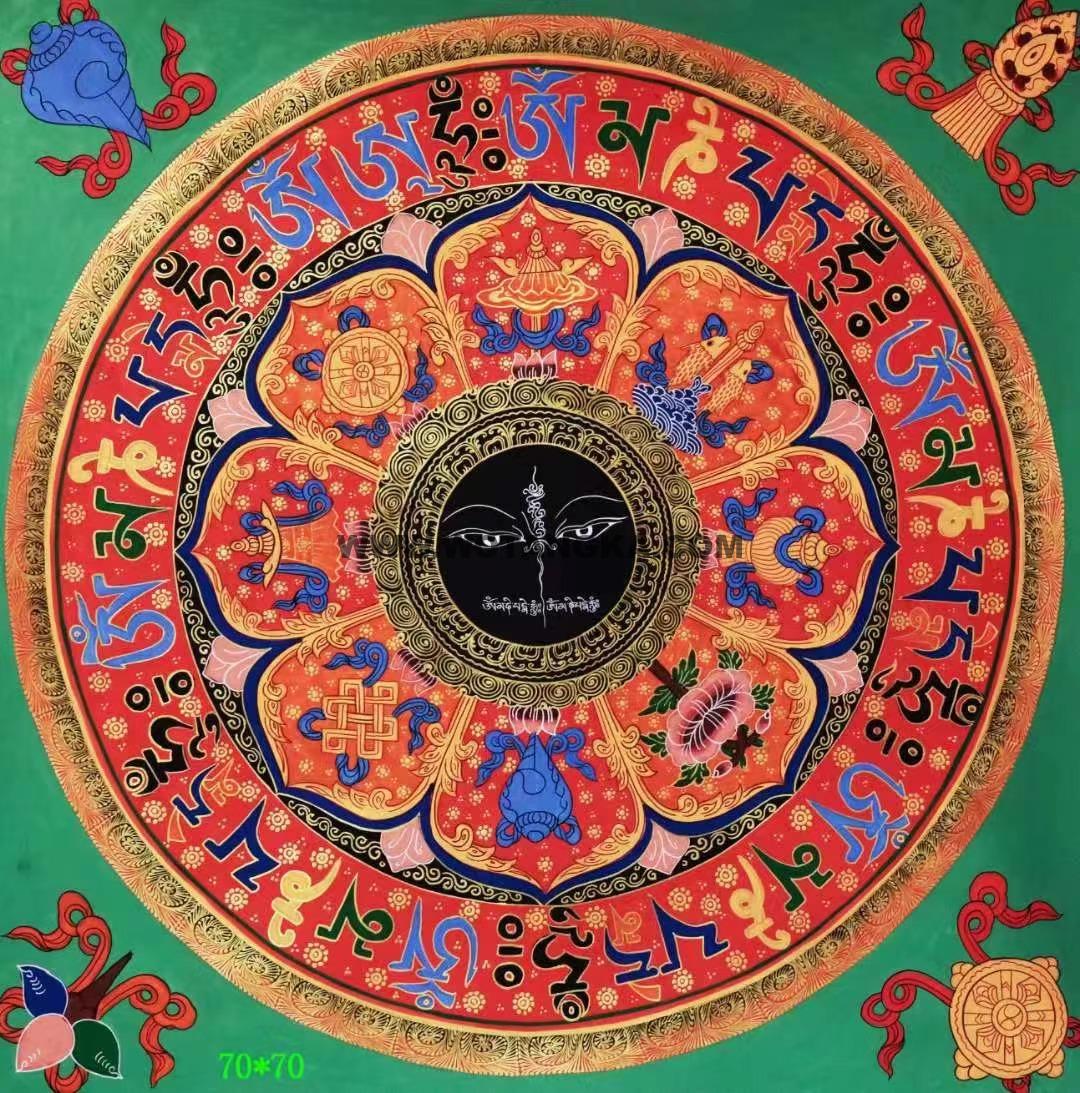 编号138-398991：彩绘唐卡-六字真言坛城（70*70CM左右）