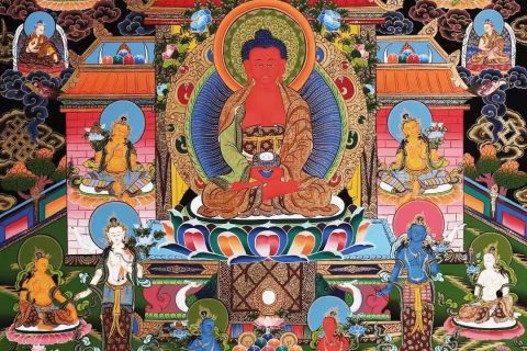 编号138-508030：彩绘唐卡-阿弥陀佛·极乐世界（61*46CM左右）