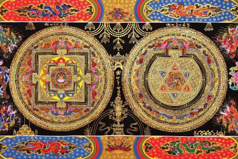 编号138-559033：彩绘唐卡-六字真言双吉祥坛城（47*93CM左右）