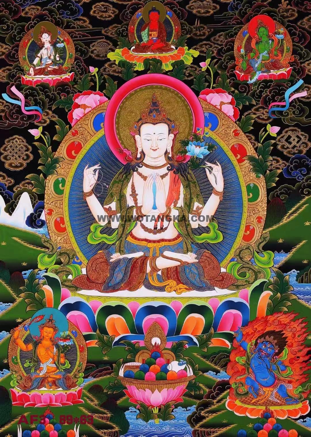 编号138-655095：彩绘唐卡-四臂观音·三怙主（89*63CM左右）
