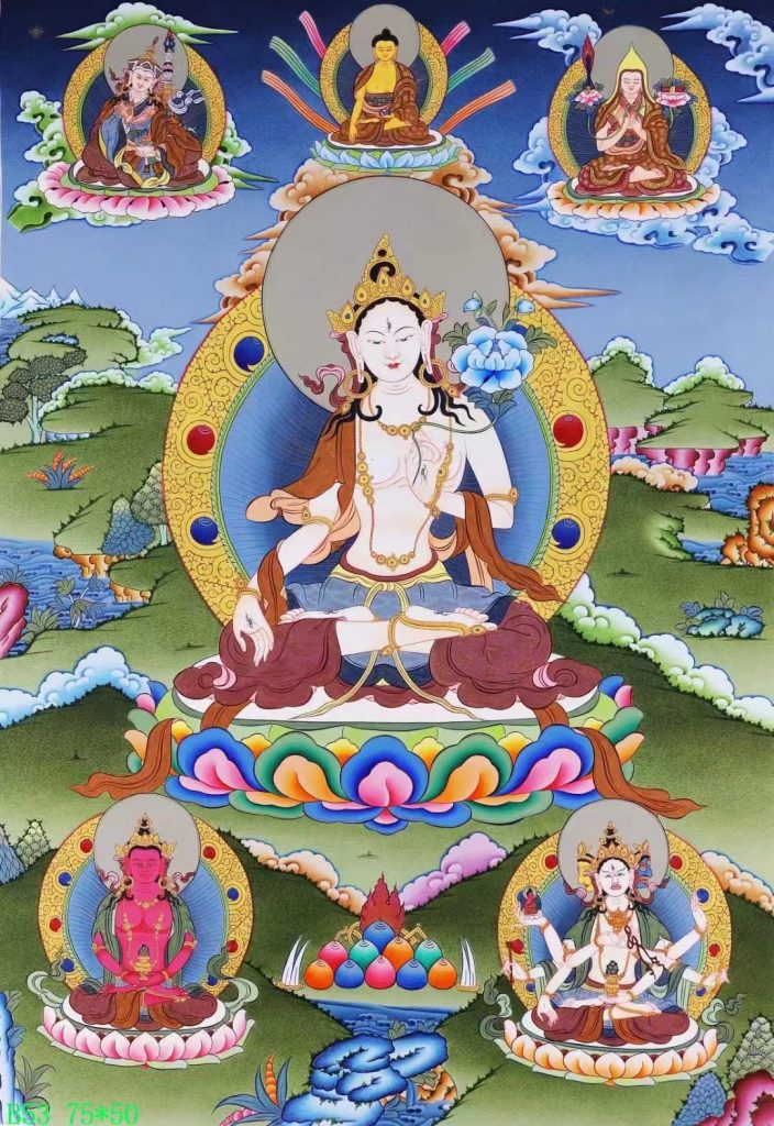 编号138-693484：彩绘唐卡-白度母·长寿三尊（75*50CM左右）