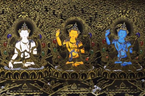 编号138-828583：黑金唐卡-文殊菩萨·五部文殊（61*151CM左右）