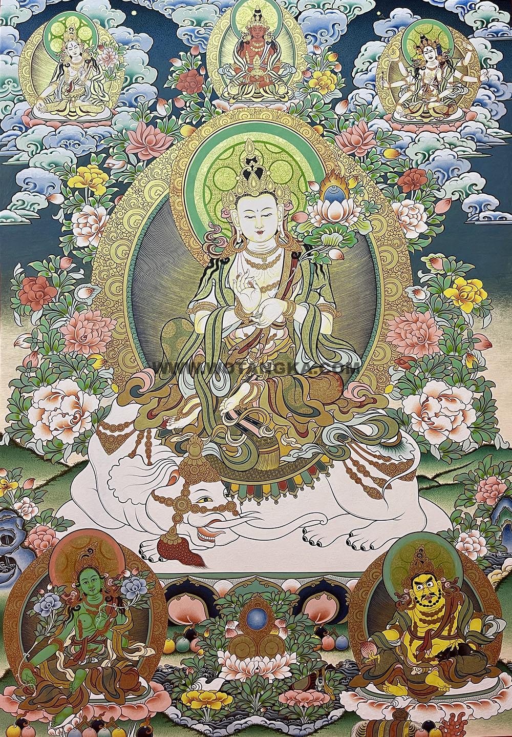 |已结缘·可定制|唐卡寄卖编号:JM·188-151505-普贤菩萨迎吉祥财富供养图(彩唐)