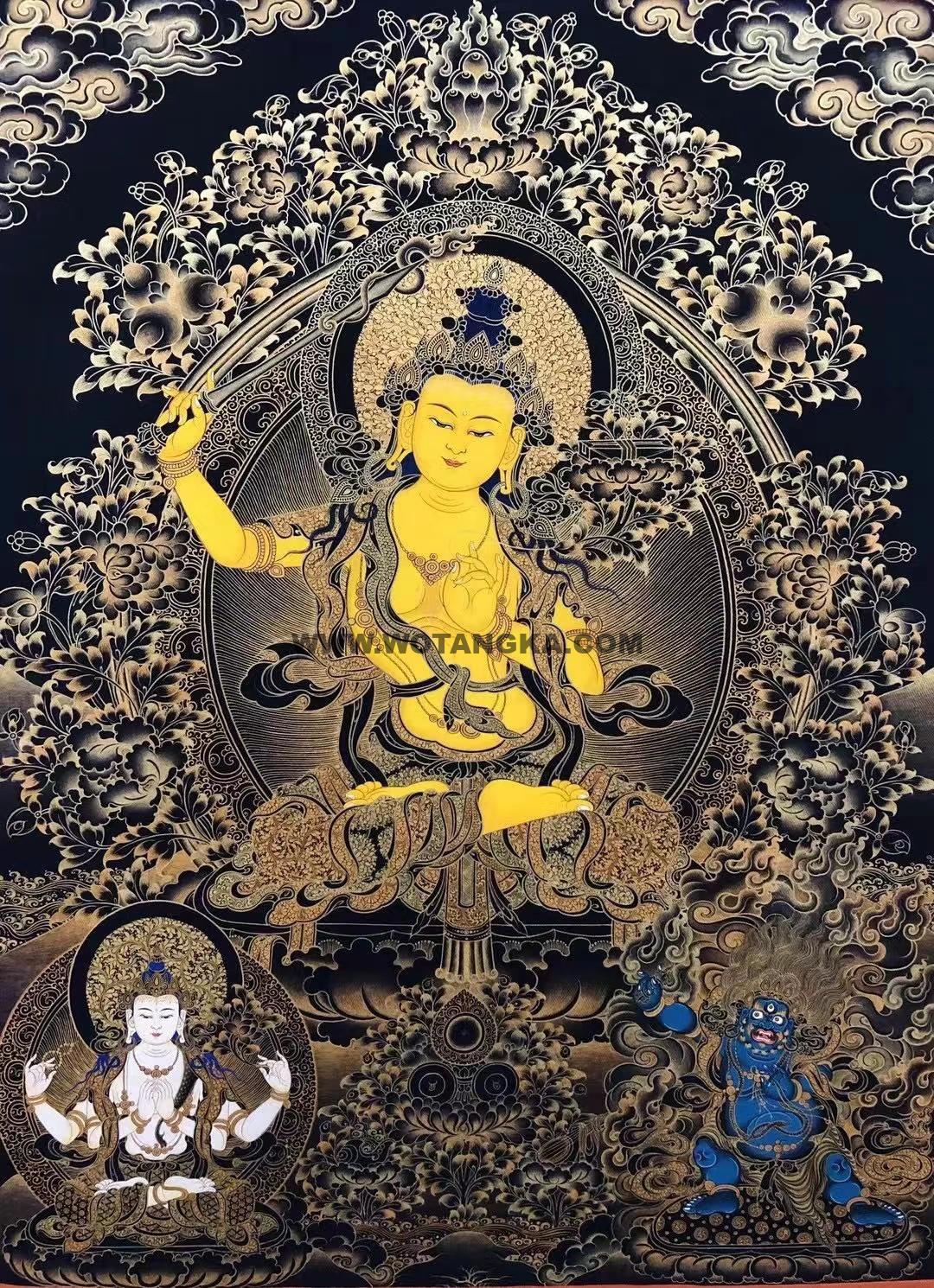 热贡-尼玛顿珠·画院：黑金唐卡-文殊菩萨·三怙主（70*50CM左右）