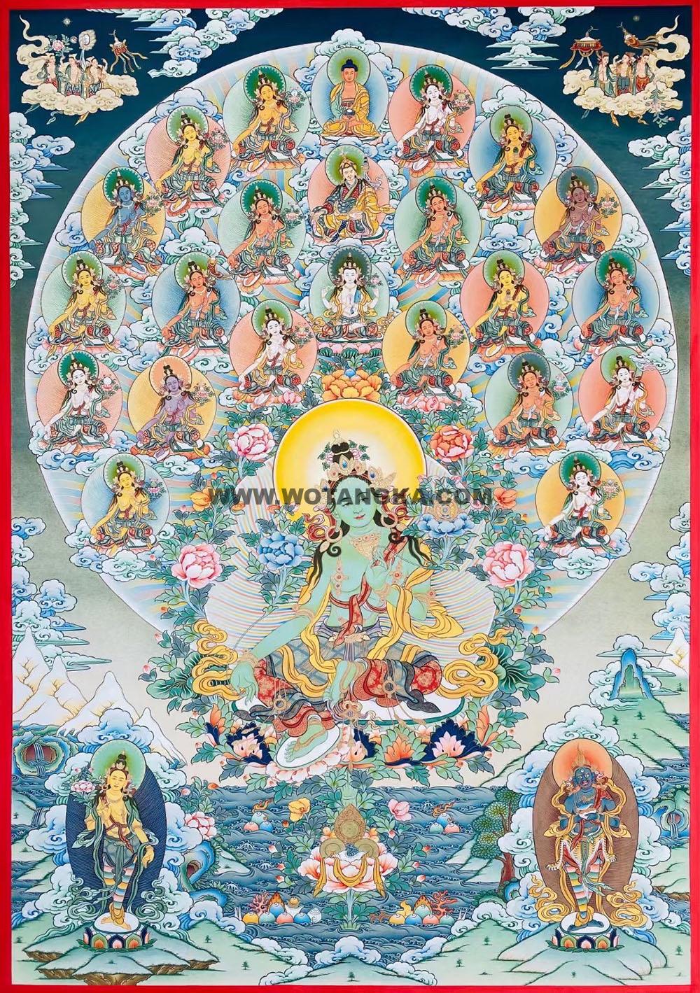 |已结缘·可定制|唐卡寄卖编号:JM·188-451519-绿度母二十一度母极乐净土供养图(彩唐)