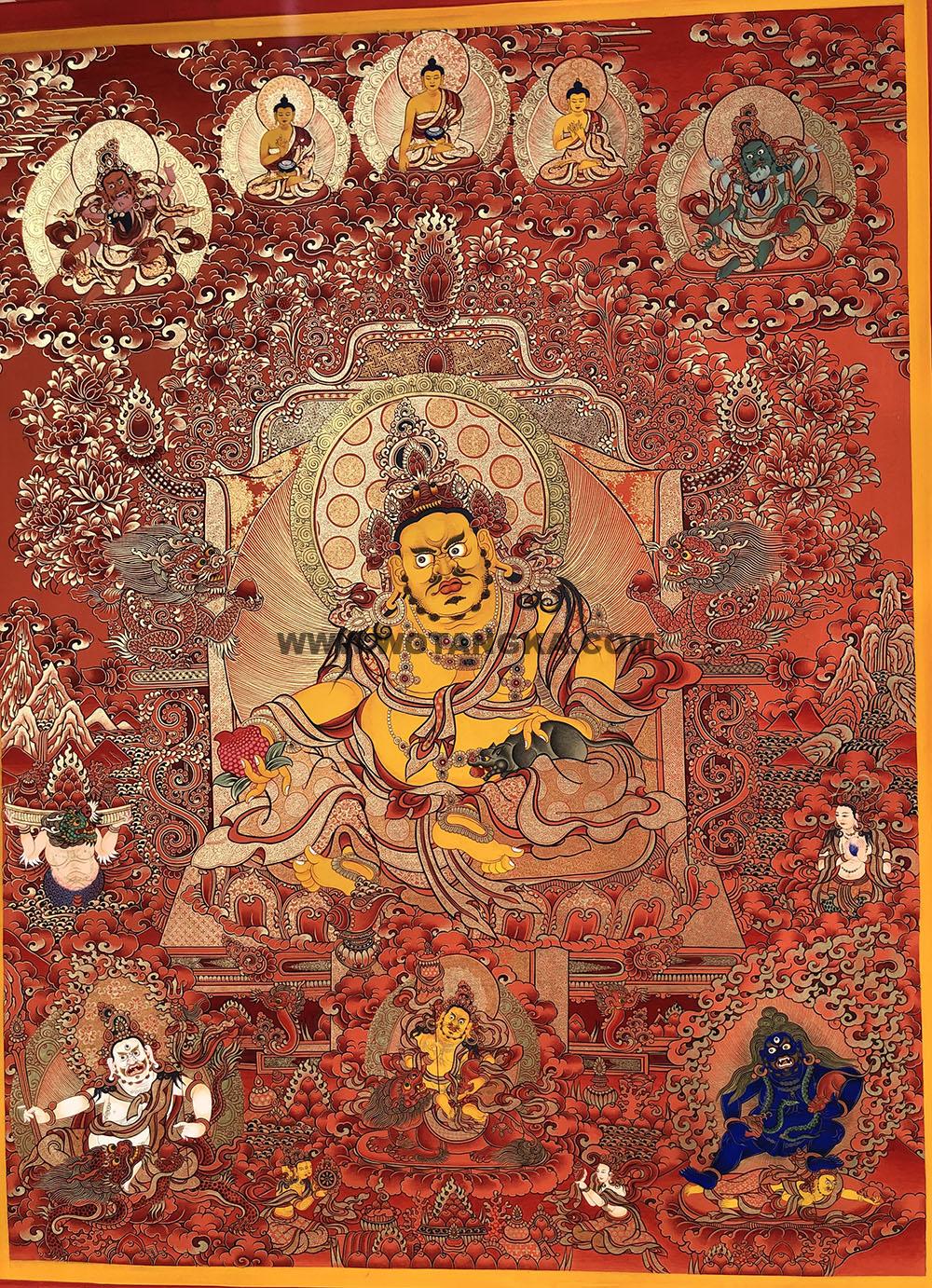 |已结缘·可定制|唐卡寄卖编号:JM·188-531896-红龙王座黄财神五方财神众财富供养图(红唐)