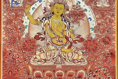 编号188-579773：红金唐卡-文殊菩萨·三怙主（100*70CM左右）
