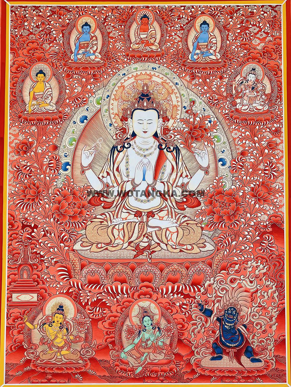 热贡-完德才让·画院:红金唐卡-四臂观音·三怙主(100*70CM左右)