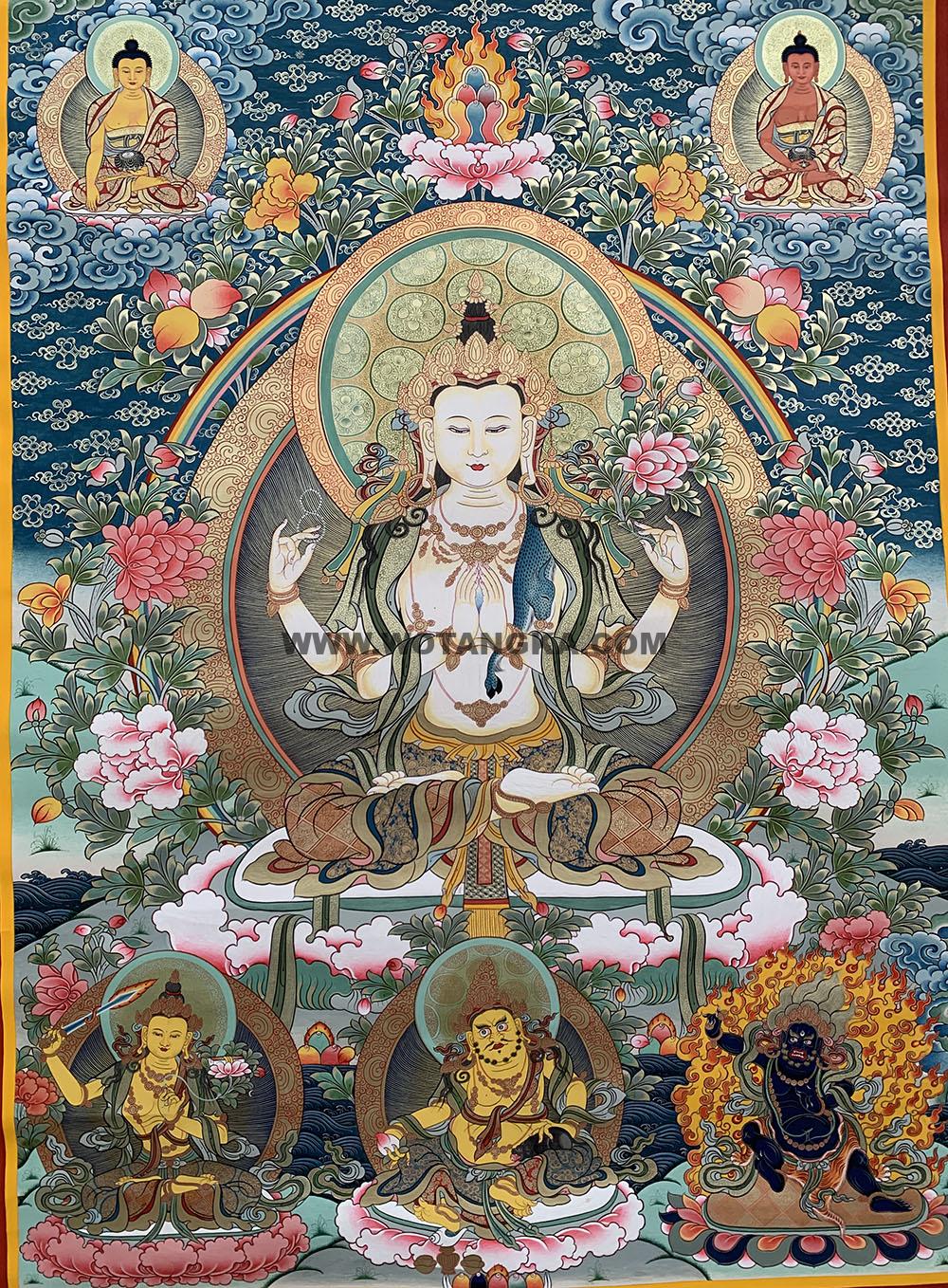 编号188-620800:彩绘唐卡-四臂观音·三怙主(100*70CM左右)