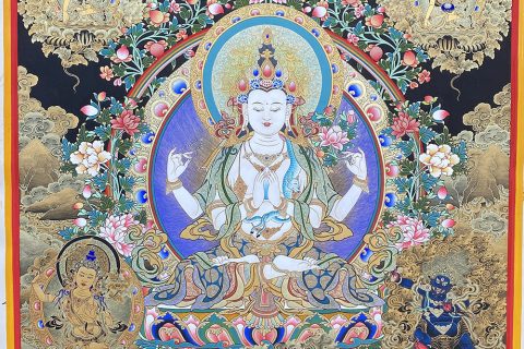 编号188-638639：黑金唐卡-四臂观音·三怙主（100*70CM左右）