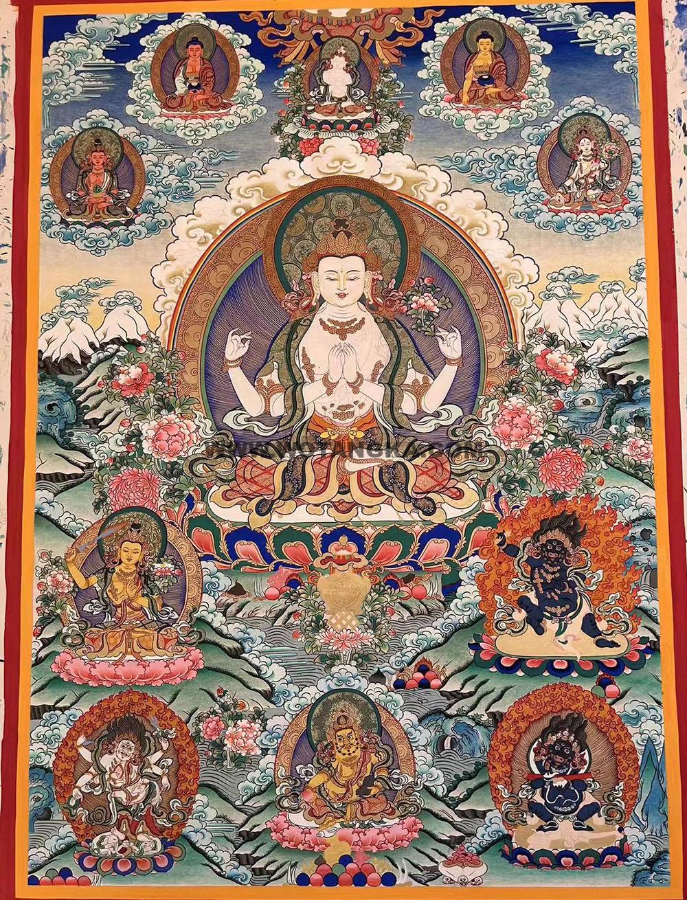 热贡-完德才让·画院:彩绘唐卡-四臂观音·三怙主(100*70CM左右)