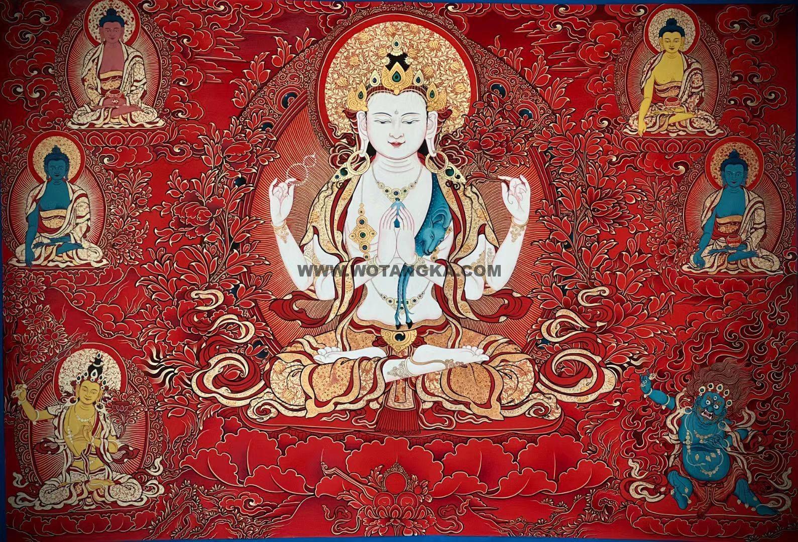 热贡-尼玛顿珠·画院:红金唐卡-四臂观音·三怙主(65*110CM左右)