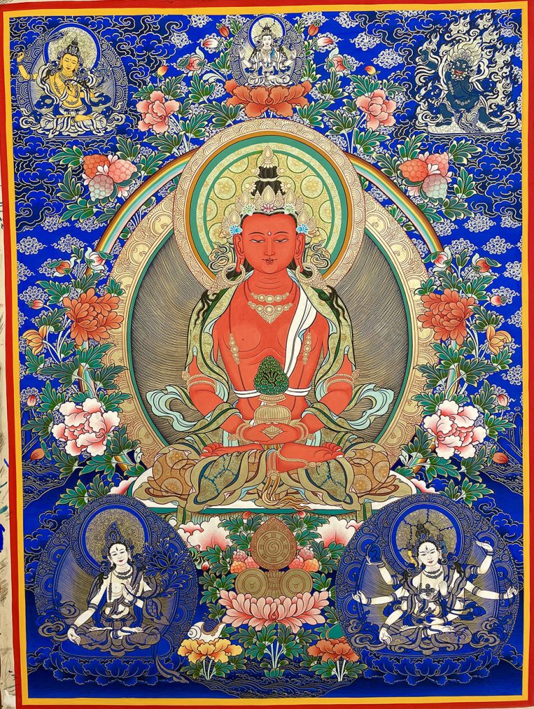 ｜已结缘·可定制｜唐卡寄卖编号：JM·188-824102-长寿佛三尊青岚净土吉祥供养图（蓝唐）