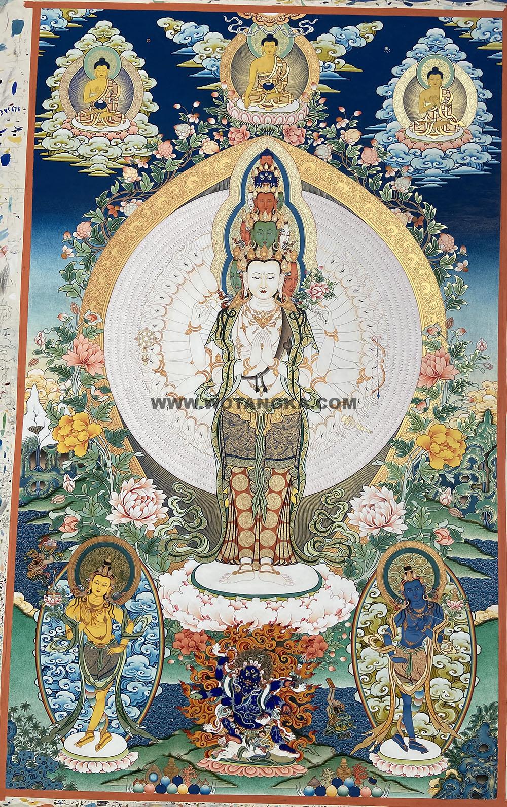 |已结缘·可定制|唐卡寄卖编号:JM·188-826599-千手观音雪域三怙主三世佛平安供养图(彩唐)