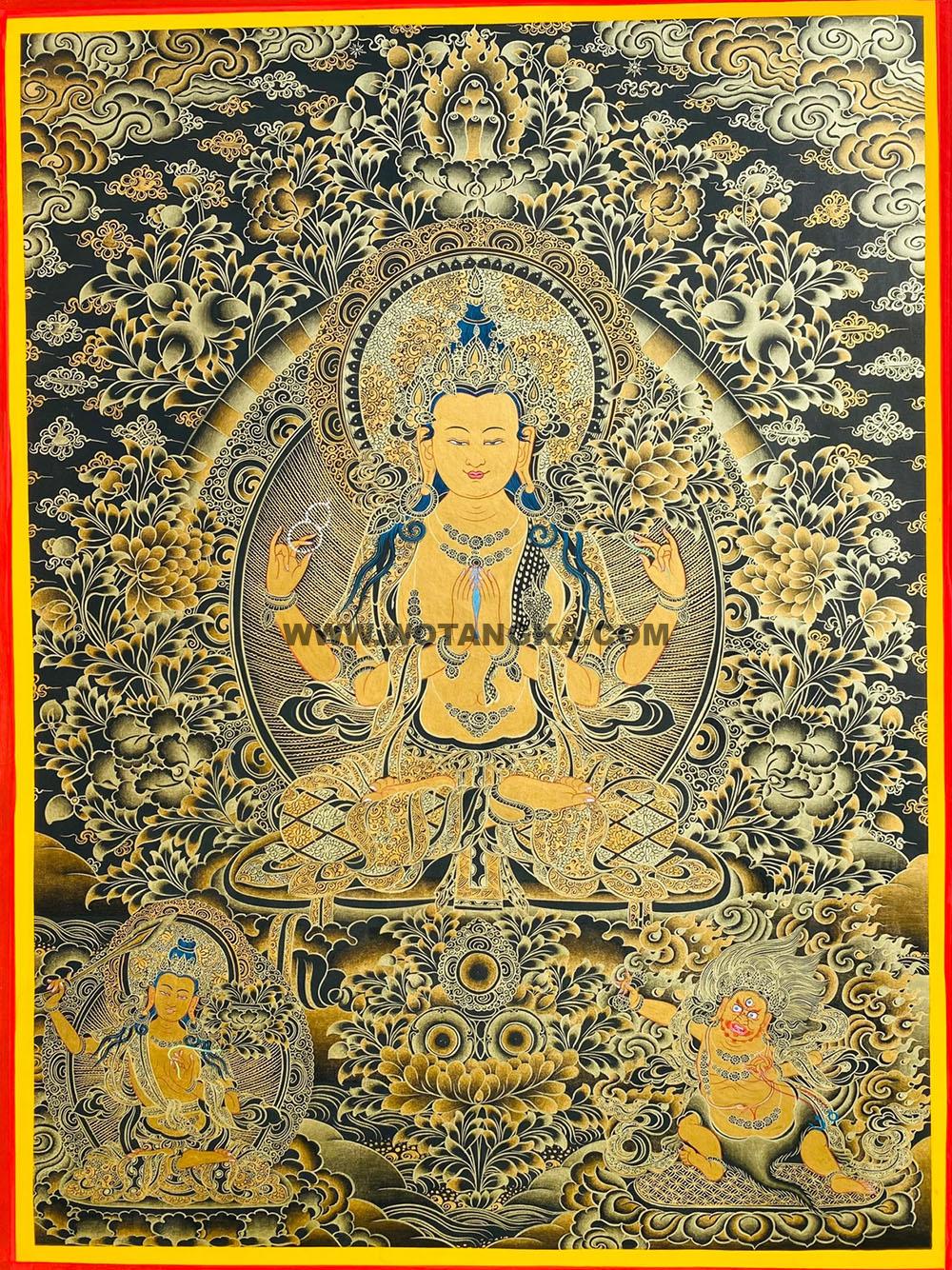 编号188-872724:黑金唐卡-四臂观音·三怙主(100*70CM左右)