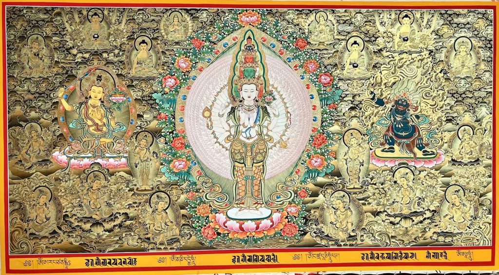 编号188-904307：黑金唐卡-千手观音·三怙主（145*230CM左右）