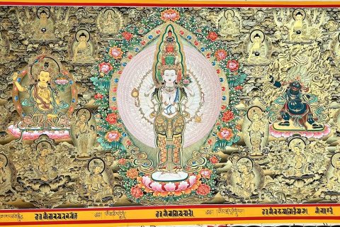 编号188-904307：黑金唐卡-千手观音·三怙主（145*230CM左右）