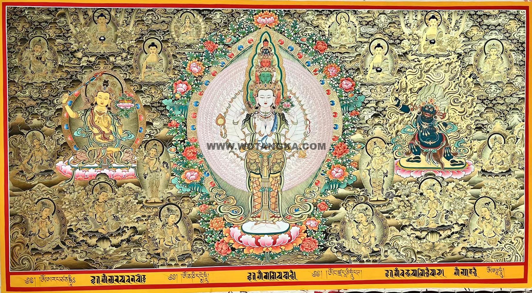 编号188-904307:黑金唐卡-千手观音·三怙主(145*230CM左右)