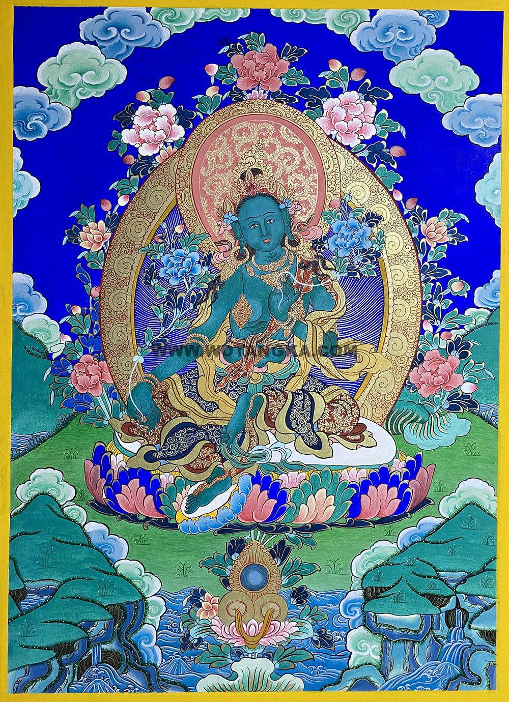 热贡-完德才让·画院:蓝金唐卡-绿度母(70*50CM左右)