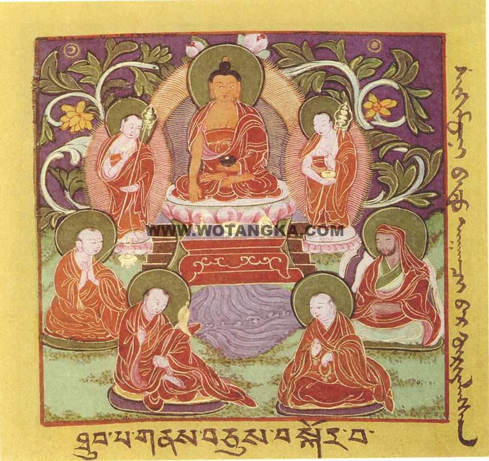 沃唐卡·佛像总集编号BC22701：纳塘百法·佛部·罗汉围绕中之释迦牟尼佛