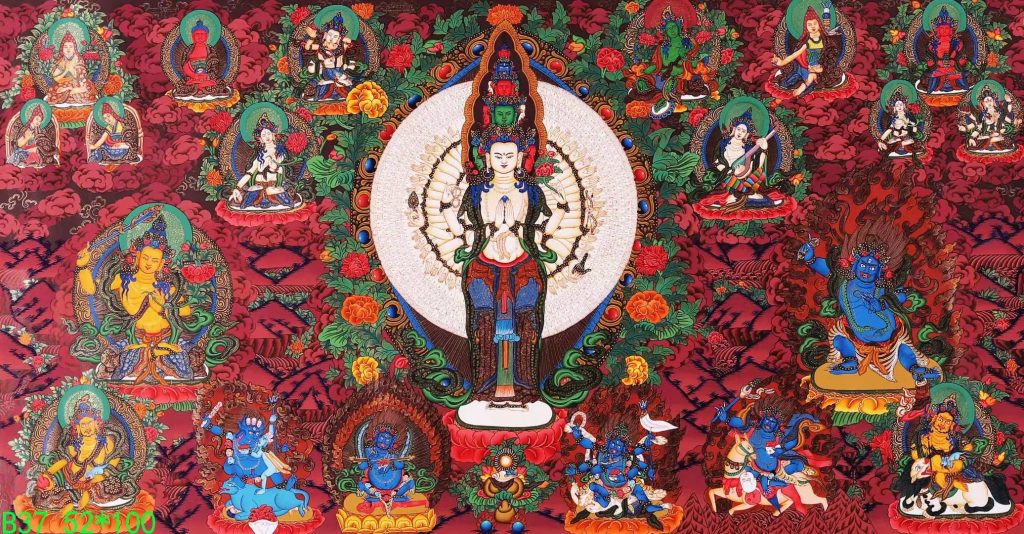 编号138-307418：红金唐卡-千手观音·三怙主（52*100CM左右）