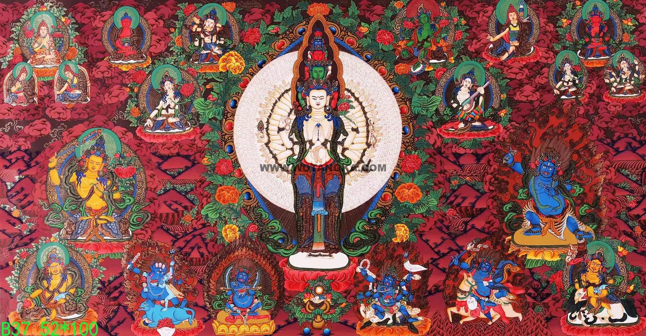 编号138-307418:红金唐卡-千手观音·三怙主(52*100CM左右)