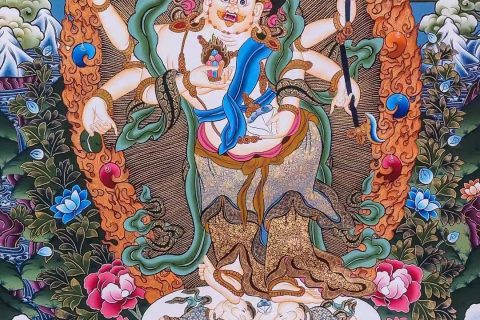 编号138-473986：彩绘唐卡-白六臂玛哈嘎拉·五方财神（76*50CM左右）