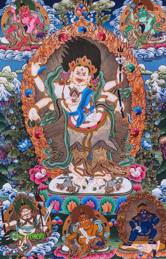 编号138-473986：彩绘唐卡-白六臂玛哈嘎拉·五方财神（76*50CM左右）