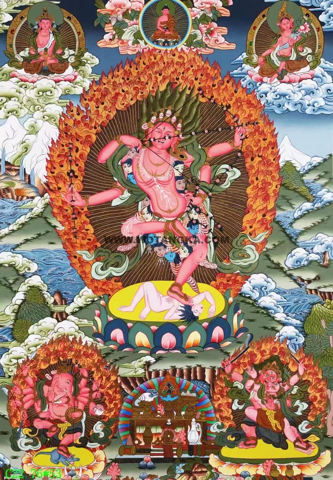 编号138-735050：彩绘唐卡-作明佛母·红五尊（76*53CM左右）