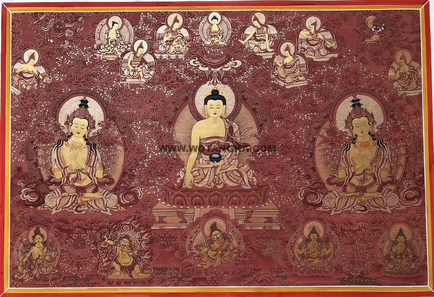 热贡-东智加·画院:红金唐卡-释迦牟尼佛·华严三圣(120*180CM左右)