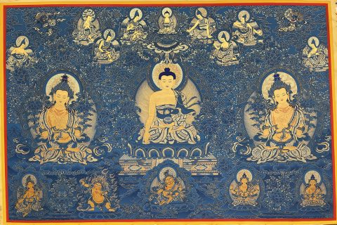 编号188-255627：蓝金唐卡-释迦牟尼佛·华严三圣（120*180CM左右）