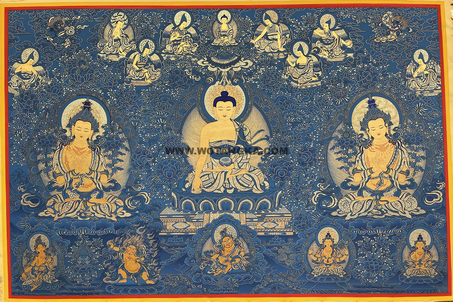 热贡-东智加·画院：蓝金唐卡-释迦牟尼佛·华严三圣（120*180CM左右）