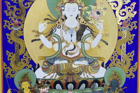 ｜已结缘·可定制｜唐卡寄卖编号：JM·188-266631-四臂观音三怙主阿弥陀佛金身化现吉祥供养图（蓝唐）