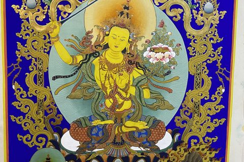 ｜已结缘·可定制｜唐卡寄卖编号：JM·188-309244-文殊菩萨三怙主宗喀巴金身化现吉祥供养图（蓝唐）