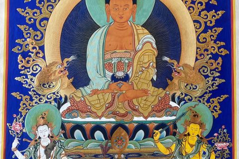 热贡-桑杰扎西·画院：蓝金唐卡-阿弥陀佛·西方三圣（80*53CM左右）