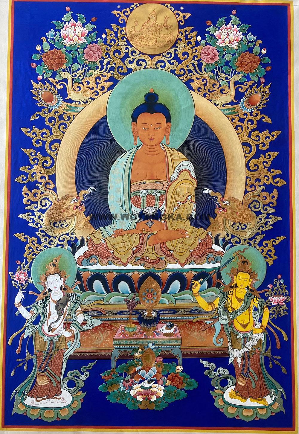 热贡-桑杰扎西·画院:蓝金唐卡-阿弥陀佛·西方三圣(80*53CM左右)