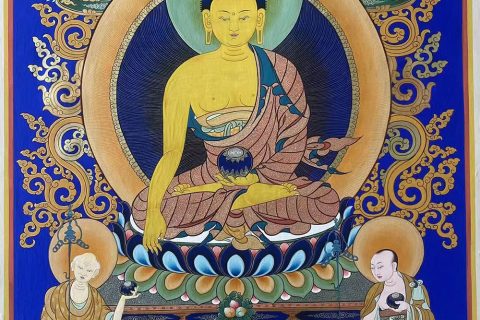 热贡-桑杰扎西·画院：蓝金唐卡-释迦牟尼佛·释迦三尊（80*53CM左右）