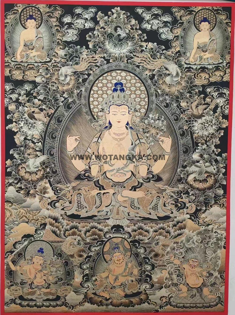 热贡-拉藏·画院：黑金唐卡-四臂观音·三怙主（100*70CM左右）