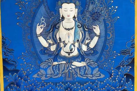 ｜已结缘·可定制｜唐卡寄卖编号：JM·188-724366-四臂观音因果花洁净净土（蓝唐）