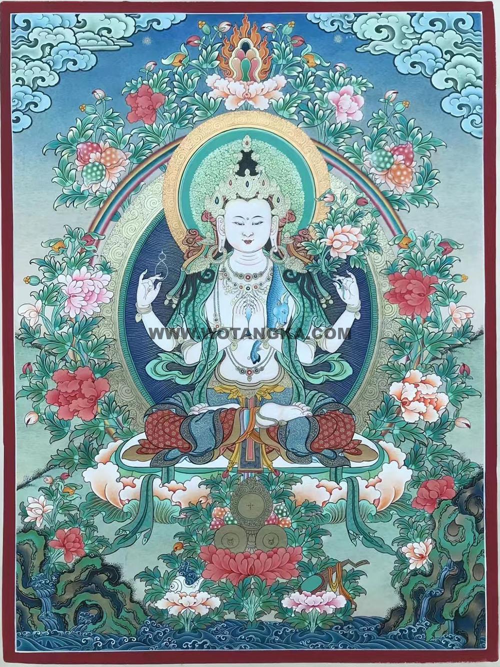 热贡-拉藏·画院：彩绘唐卡-四臂观音（60*45CM左右）