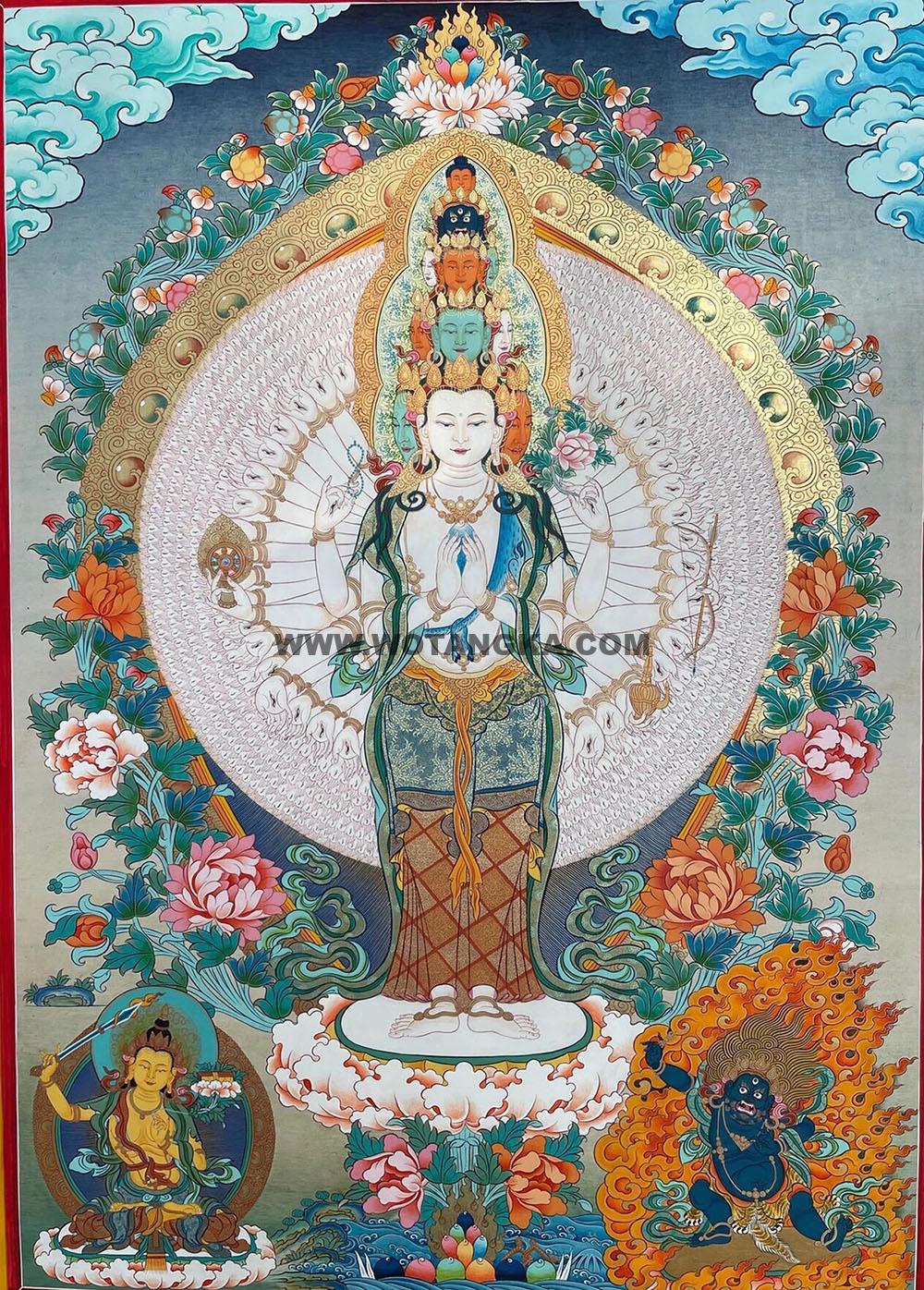 热贡-尼玛顿珠·画院：彩绘唐卡-千手观音·三怙主（100*70CM左右）
