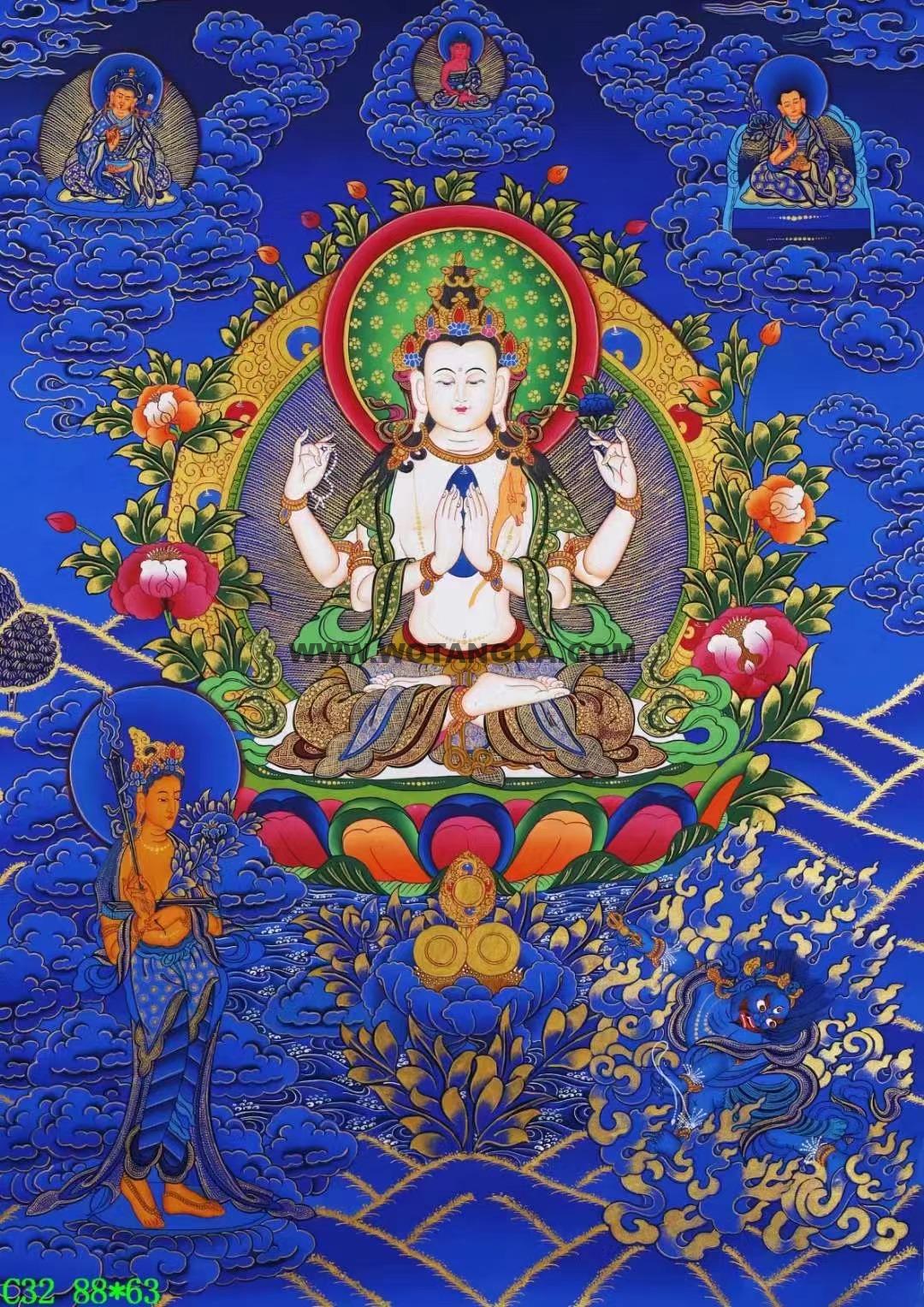 编号138-628829:蓝金唐卡-四臂观音·三怙主(88*63CM左右)
