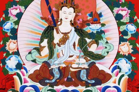编号138-684436：红金唐卡-白文殊菩萨（75*53CM左右）