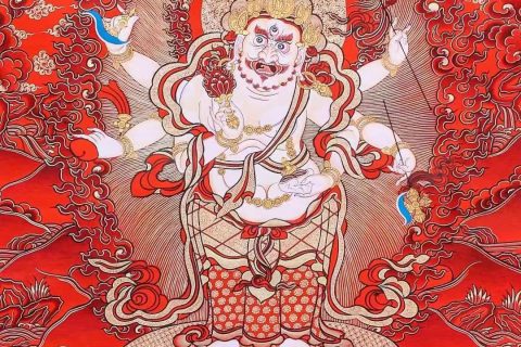 编号138-979673：红金唐卡-白六臂玛哈嘎拉（80*56CM左右）